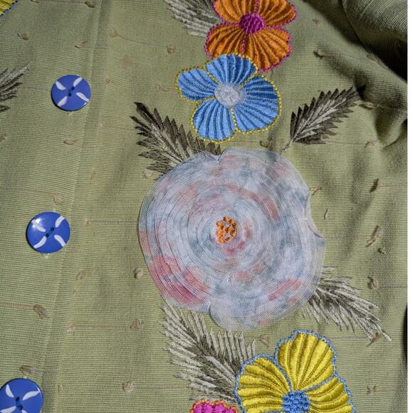 Vtg Y2K Allure Lime Green Swiss Dot Floral Applique Collarless Blazer Jacket M - Picture 3 of 4